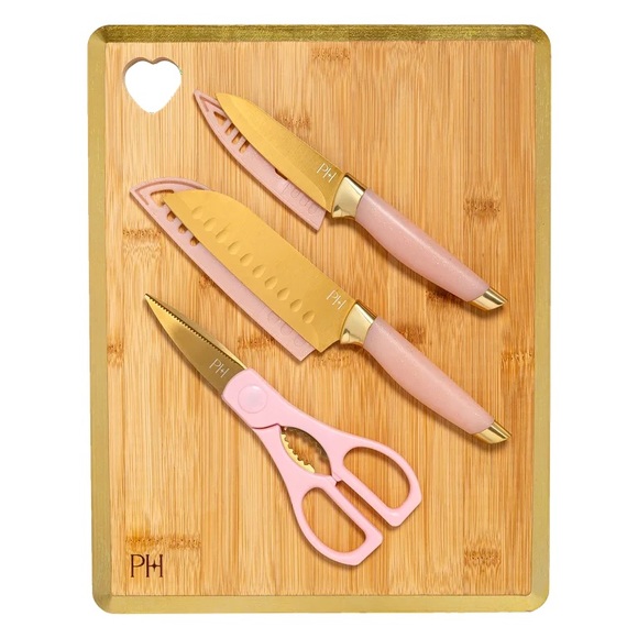 BNIB!Paris Hilton 6pc Stainless Steel Cutlery Set Bamboo Rev Cutting Board,Pink - Picture 2 of 10
